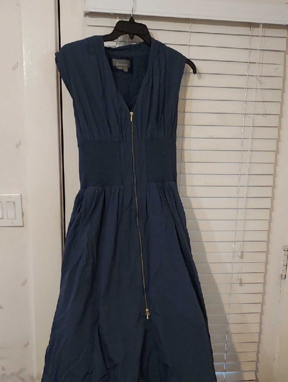 Anthropologie Sleeveless Dark Blue Zip-Front Midi Dress